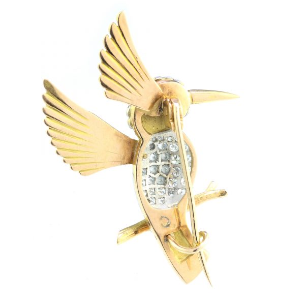 Vintage 18ct Yellow Gold Hummingbird Brooch with 1.41cts Diamonds and Ruby Eye, Circa 1950s