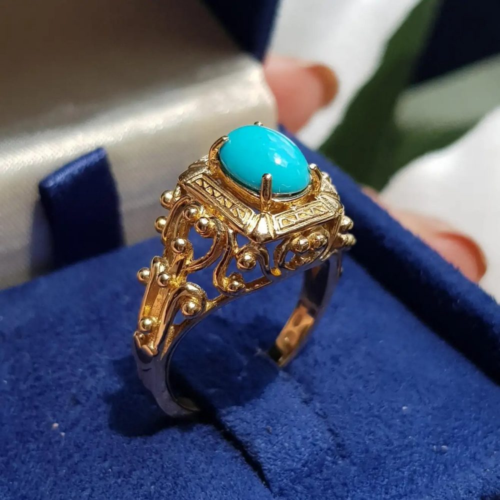 Turquoise Set Yellow Gold Filigree Ring
