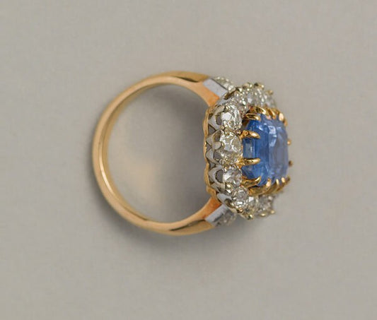 Art Nouveau French 5.13ct Sri Lanka Sapphire and Old Cut Diamond Cluster Ring