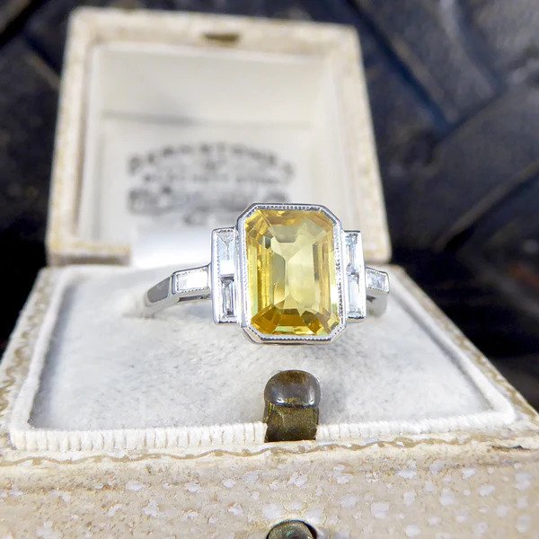 Art Deco Inspired 2.05ct Yellow Sapphire and Baguette Diamond Engagement Ring in Platinum