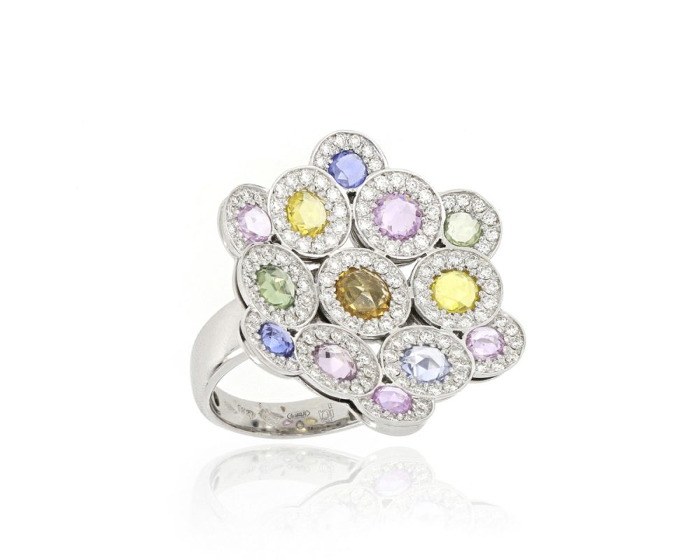 Fancy Coloured Sapphire and Diamond Cluster Ring, 18ct White Gold