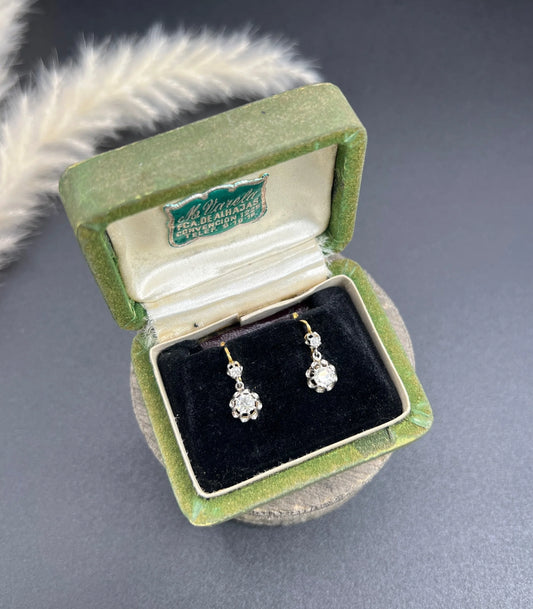 Antique 18ct Gold & Platinum Old Cut Diamond Drop Dangle Earrings