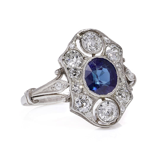 Art Deco Sapphire and Diamond Three Stone Engagement Plaque Ring