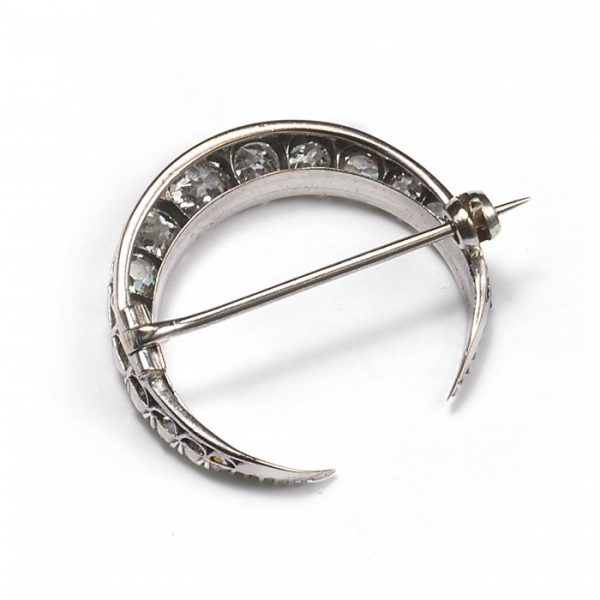Antique Victorian Old Cut Diamond Crescent Brooch, 2.00 carat total