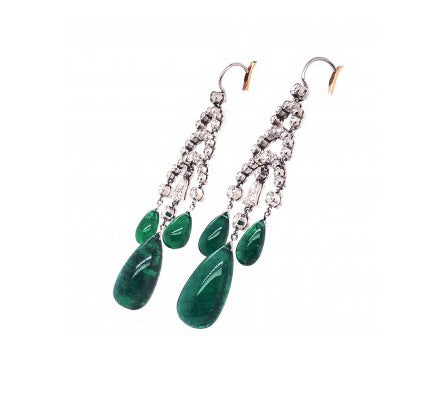 Cabochon Emerald and Diamond Chandelier Drop Earrings, 28.50 carats