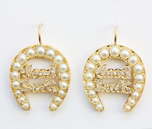 Antique Victorian Pearl and Diamond Set 18ct Gold Woven Bangle; pearl set horseshoe with diamond set 'good luck' text, with matching earrings