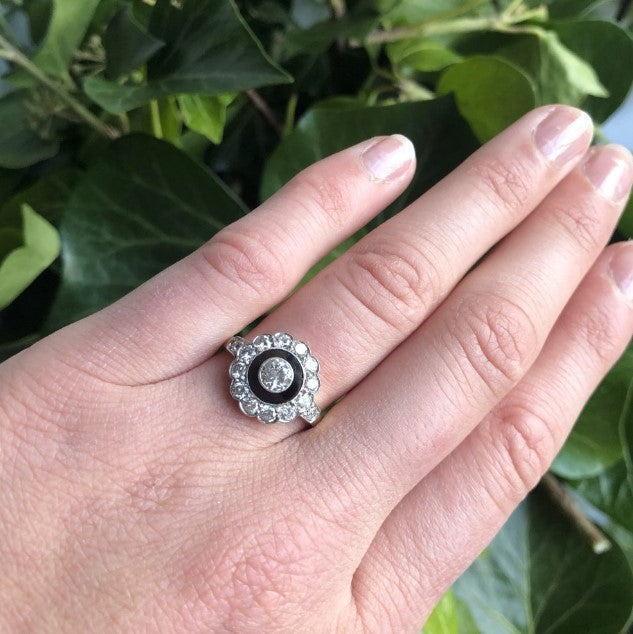 Antique Art Deco Onyx and Diamond Floral Cluster Ring