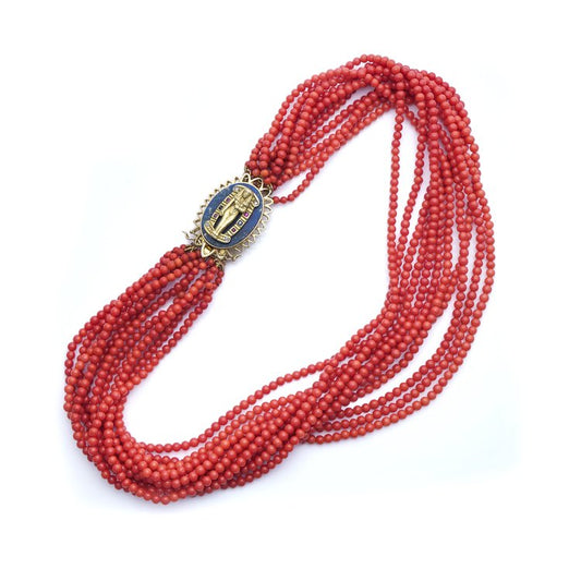 Vintage Multi Strand Coral Bead Necklace with 18ct Yellow Gold Egyptian Revival Clasp