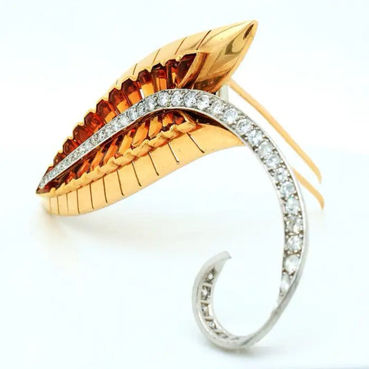 Vintage French Retro Citrine and Gold Leaf Brooch by Sasportas