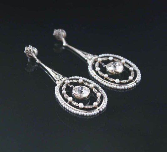 Belle Epoque Seed Pearl and Diamond Drop Earrings in Platinum