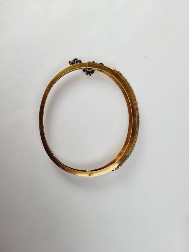 Antique Victorian Natural Pearl and Turquoise Gold Bangle Bracelet