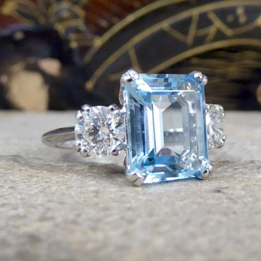 3.35ct Aquamarine and Diamond Three Stone Ring