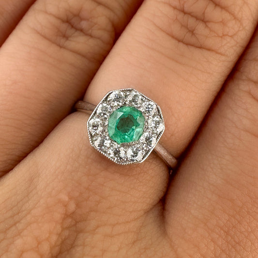 Edwardian Antique Emerald and Diamond Cluster Engagement Ring in Platinum
