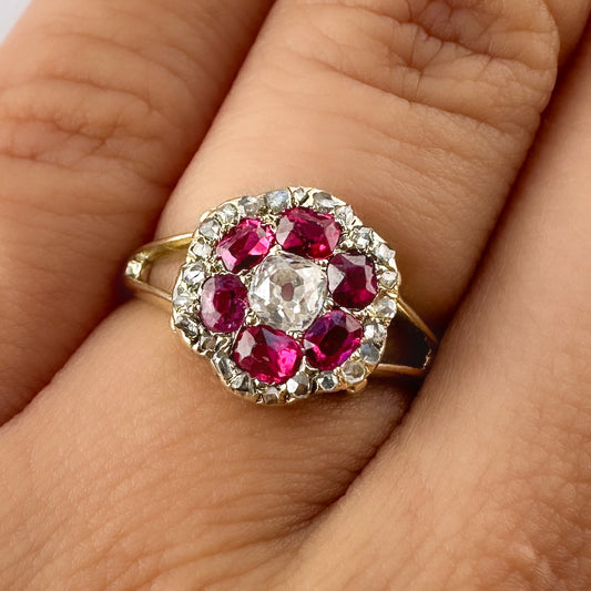 Victorian Antique Old Mine Cut Diamond and Burma Ruby Hexagonal Flower Cluster Engagement Ring