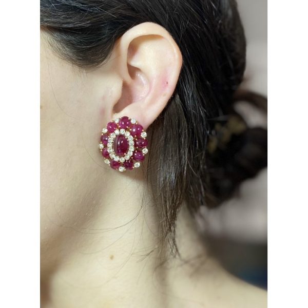 Vintage Cabochon Ruby and Diamond Cluster Earrings, 25.25 carat total