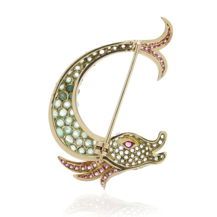 Vintage 5ct Cabochon Emerald Fish Brooch with Rubies