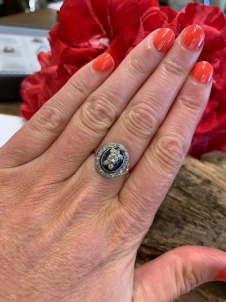 Georgian Antique Rose Cut Diamond Blue Glass Ring