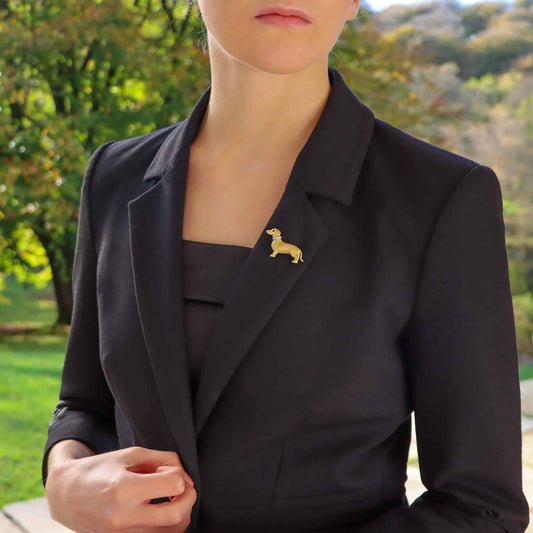 Diamond and Ruby Set Gold Dachshund Dog Brooch