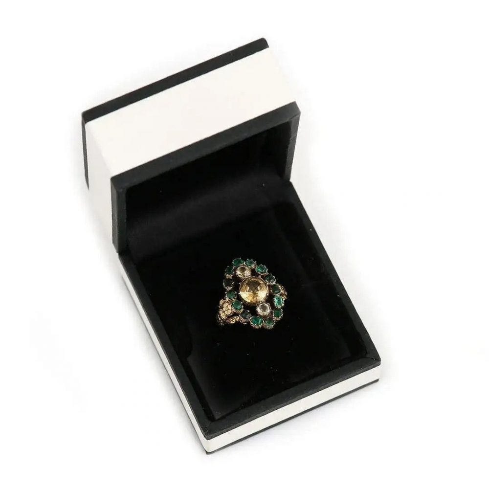 Antique Georgian Yellow Topaz and Emerald Navette Cluster Ring, c.1815