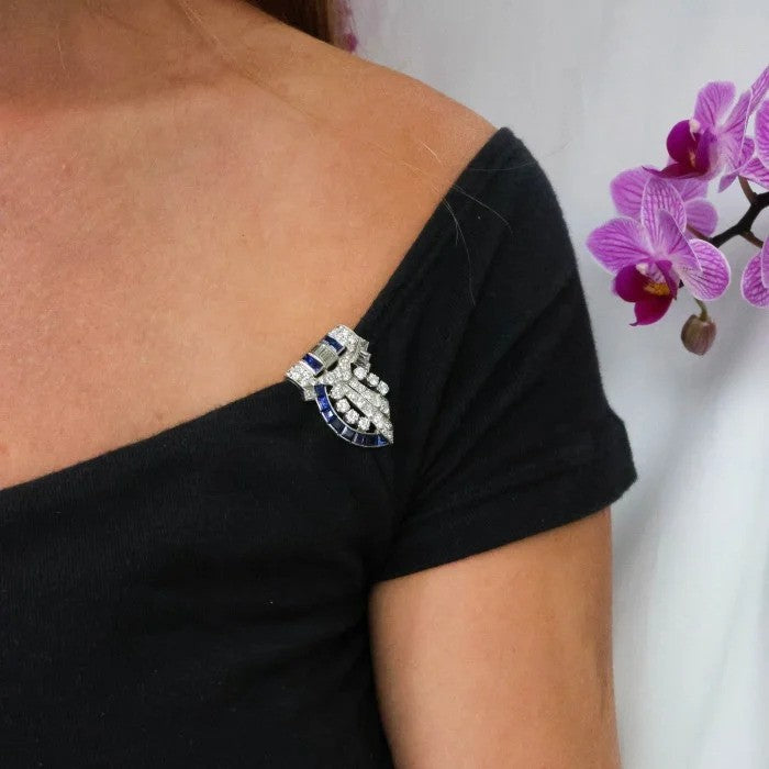 Art Deco Tiffany and Co Sapphire Diamond and Platinum Double Clip Brooch