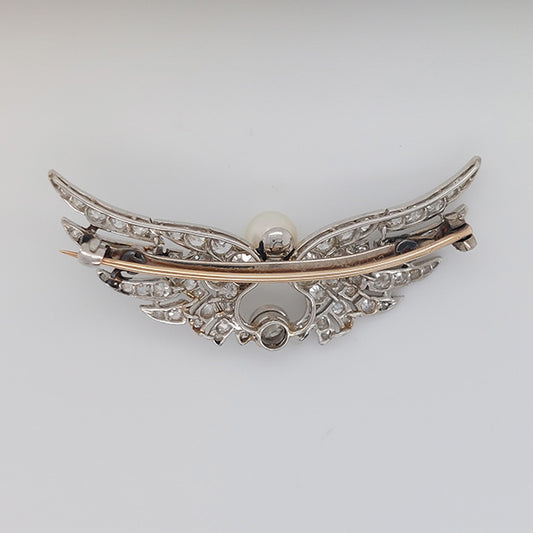 Antique Certified Natural Pearl and Diamond Wing Brooch