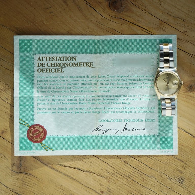 Vintage 1970s Rolex Oyster Perpetual Date 1512 Stainless Steel and Yellow Gold Watch with Papers