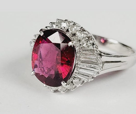Vintage French 5ct Rubellite and Baguette Diamond Cluster Dress Ring, Circa 1960