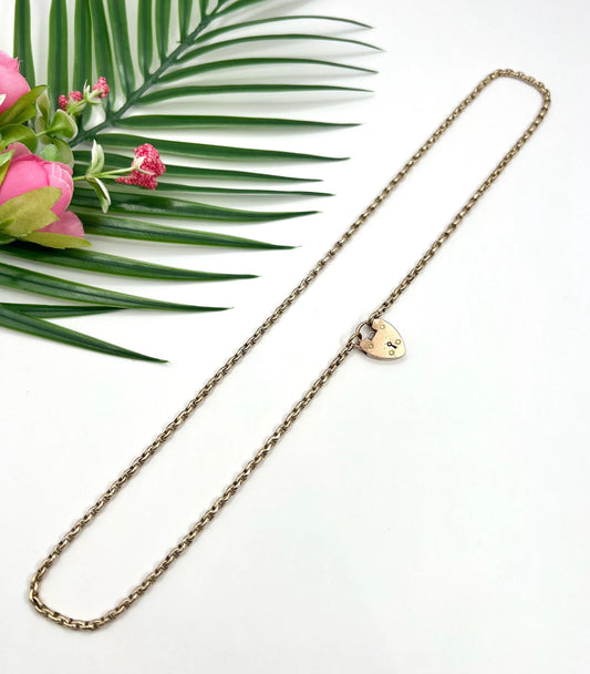 Antique 9ct Rose Gold, 22 3/4 Inch Oval Faceted Belcher Link Chain with Heart Padlock Clasp, Hallmarked Birmingham 1901