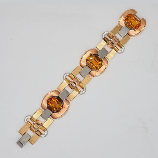 Late Art Deco Italian 23.70ct Citrine and Tri Gold Tank Bracelet by Illario, Circa 1930