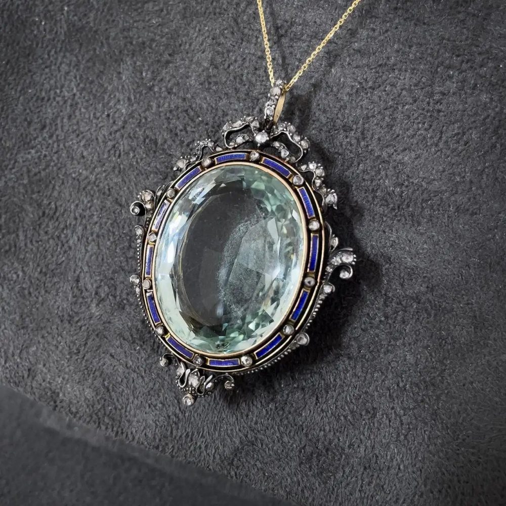 Antique Victorian 75ct Aquamarine Pendant with Blue Enamel and Rose Cut Diamonds