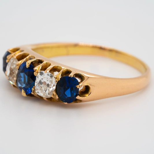 Edwardian Antique 1.50ct Cushion Cut Sapphire and Diamond Five Stone Ring