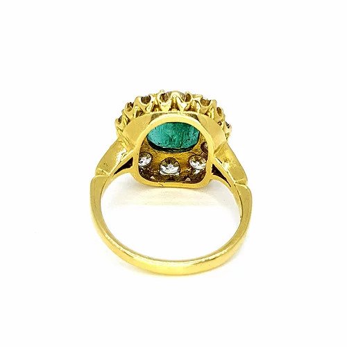 Emerald and Diamond Cluster Ring; central 3.65 carat cushion-cut emerald surrounded by 1.75cts sparkling diamonds, in 18ct yellow gold