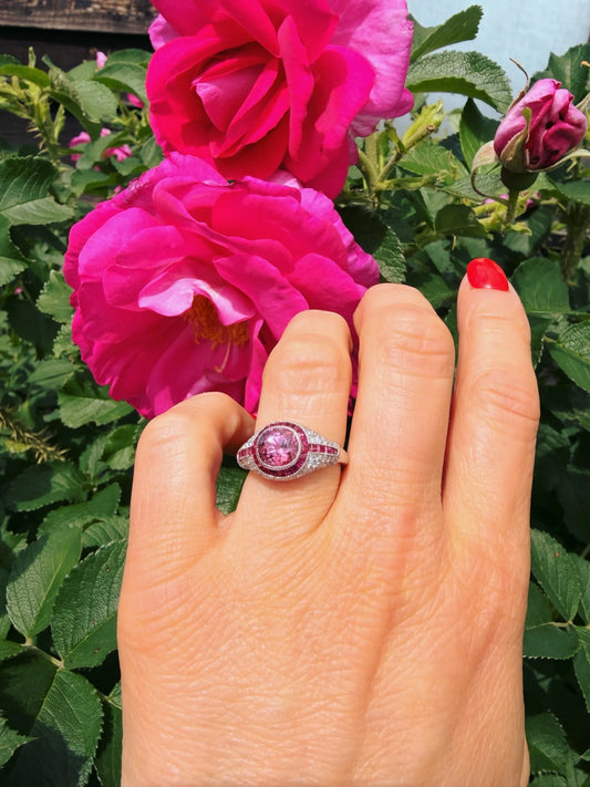 Natural Burma Ruby And Diamond Cluster Engagement Ring