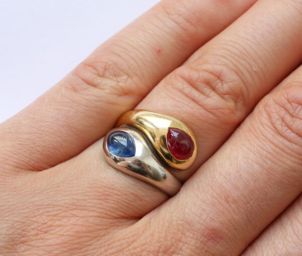 Vintage 18ct Gold Snake Ring set with Sapphire and Ruby, by Hemmerle