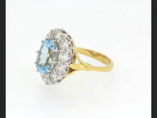 Aquamarine and Diamond Cluster Ring, 5.80 carat total, Yellow Gold