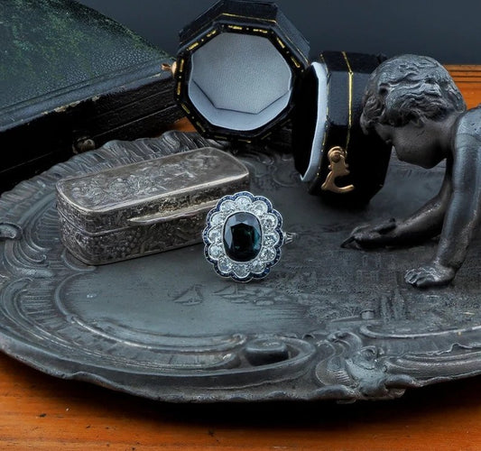 Antique Edwardian French 3ct Natural Sapphire Diamond Platinum Floral Cluster Ring