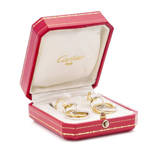 Vintage Cartier Tri Colour Gold and Diamond Hoop Drop Earrings, 18ct yellow rose and white gold trinity hoops decorated with diamonds. Circa 1980's. Comes in original Cartier box.
