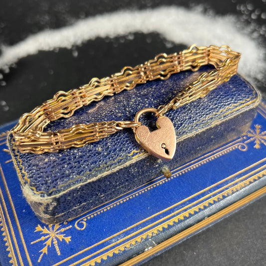 Vintage 9ct Rose Gold, 1940s Gate Bracelet with Heart Padlock Clasp