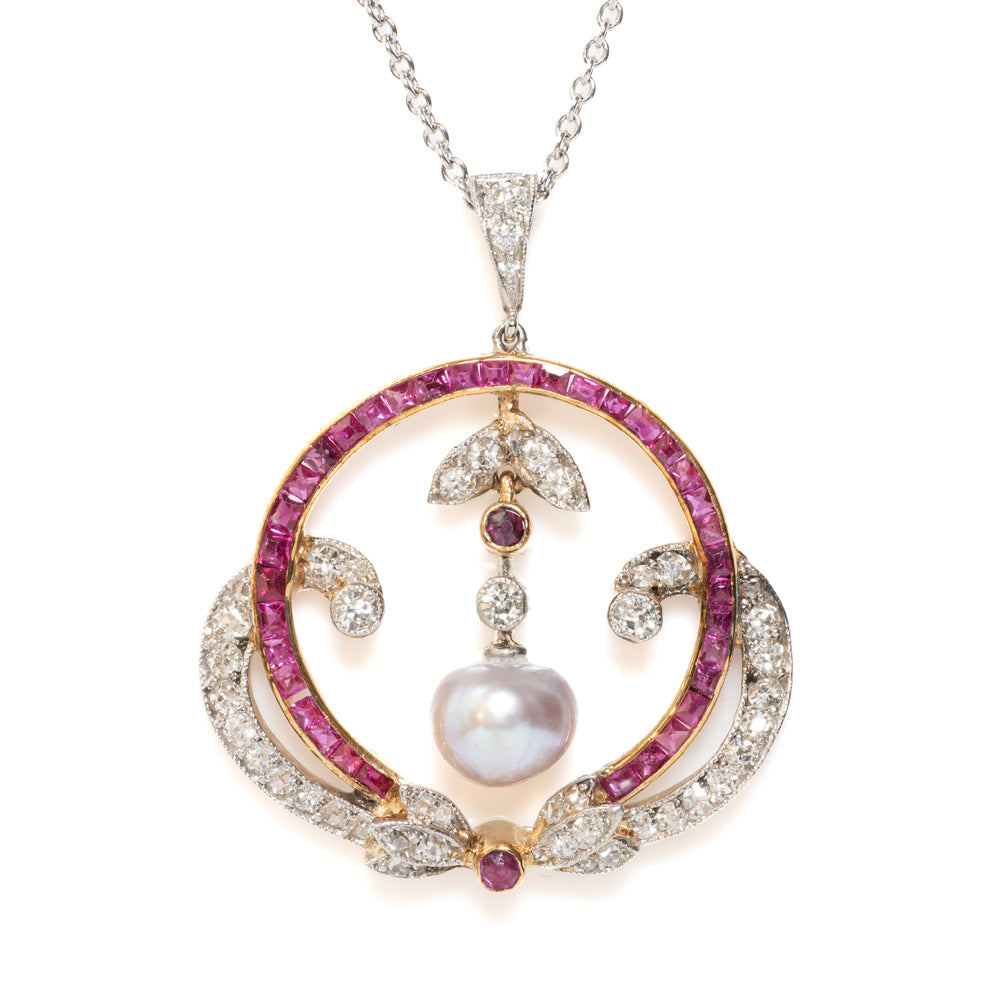 Edwardian Antique Pearl Ruby and Diamond Pendant
