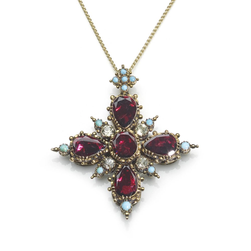 Antique Vicorian Garnet and Turquoise Cruciform Pendant