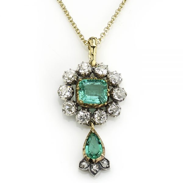 Antique Victorian Emerald and Diamond Cluster Drop Pendant Jewellery Discovery London