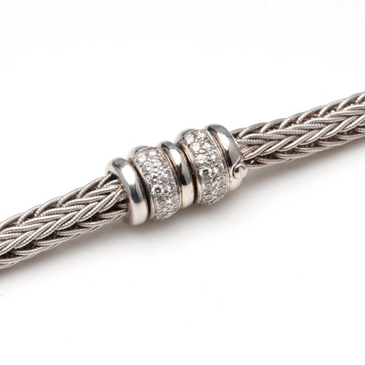 Vintage La Pepita 18ct White Gold Woven Wheat Necklace with Diamond Set Clasp, 1.08 carat total, Made in Italy, Circa 1990s