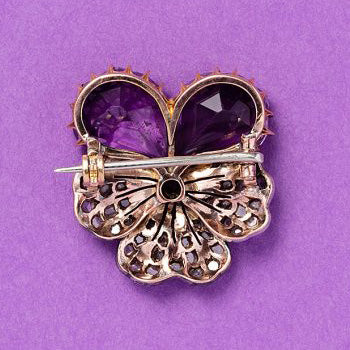 Victorian Antique Carved Amethyst and Rose Cut Diamond Pansy Flower Brooch