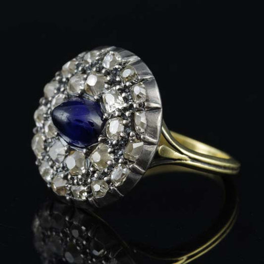 Antique Georgian 2ct Cabochon Sapphire and Diamond Cluster Ring