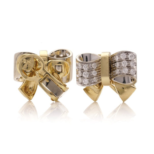 Vintage Pomellato 1.08ct Diamond Set Gold Bow Earrings with post and clip fittings