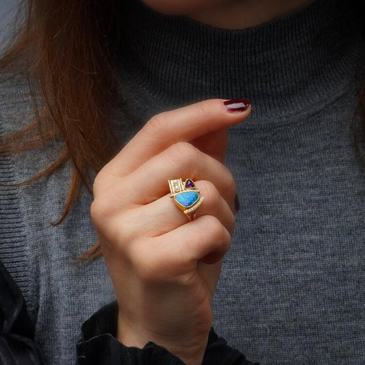 Vintage Black Opal Amethyst and Pearl Dress Ring in 18ct Yellow Gold