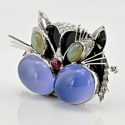 Vintage 1970s Italian Multi Gemstone Cat Brooch with Blue Moonstone Chrysoberyl Ruby and Diamond in 18ct White Gold