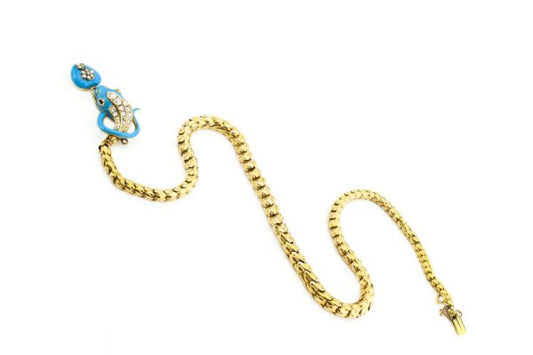 Antique Victorian Blue Enamel and Old Cut Diamond Snake Necklace; with blue enamel and diamond heart mourning pendant locket, 1.86 carat total, 18ct yellow gold, Circa 1860s.