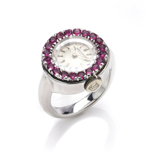 Vintage ladies Baume and Mercier Platinum Watch Ring with Rubies