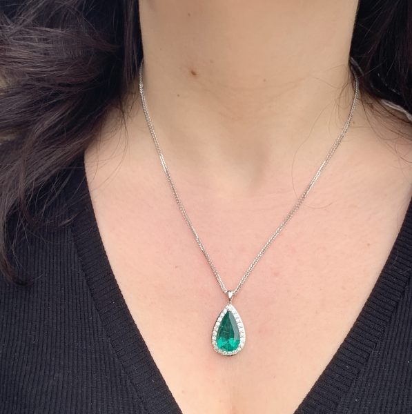 8.11ct Emerald and Diamond Pear Shaped Cluster Pendant by David Jerome